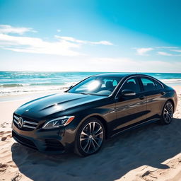 A sleek black car parked on a beautiful sandy beach, with sunlight reflecting off its shiny surface