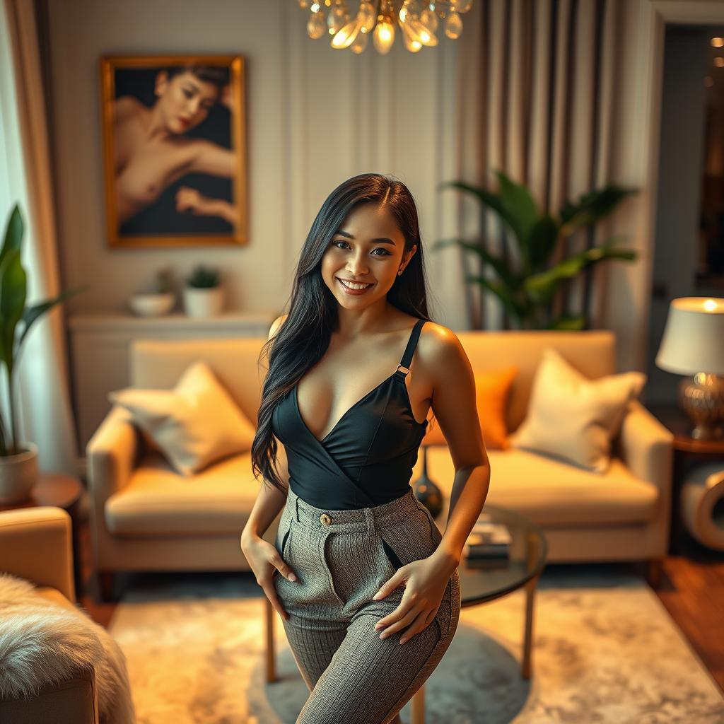 An alluring Asian woman in a stylish home environment, radiating charm and confidence