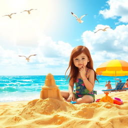 A vibrant beach scene featuring a sunny day with golden sand and gentle waves