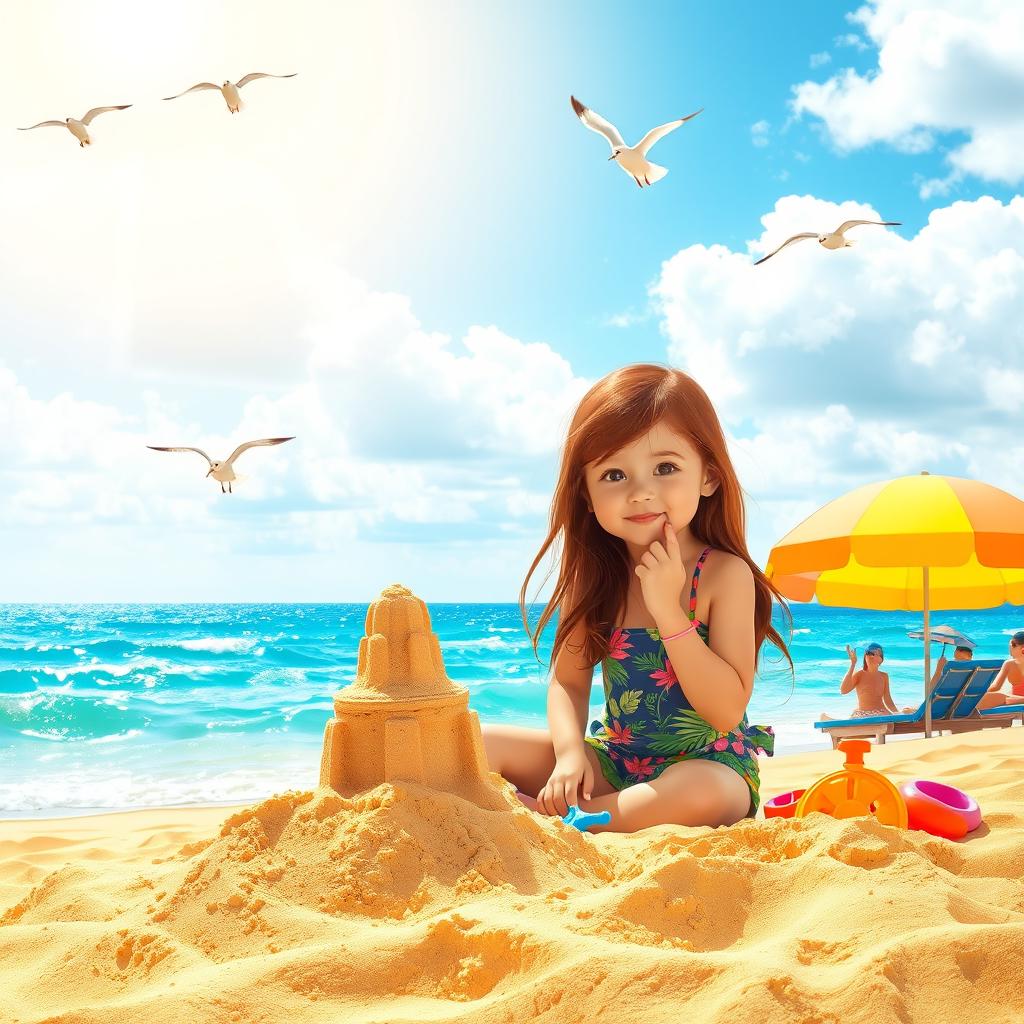 A vibrant beach scene featuring a sunny day with golden sand and gentle waves