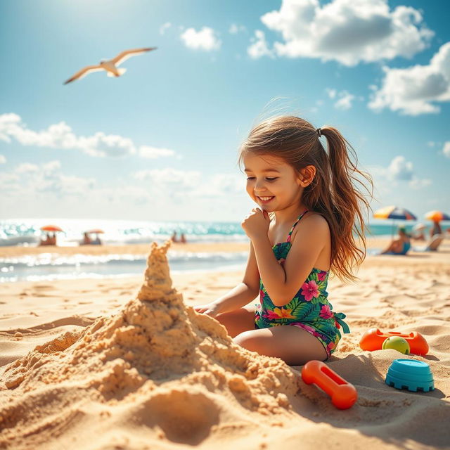 A vibrant beach scene featuring a sunny day with golden sand and gentle waves
