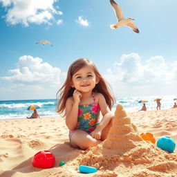 A vibrant beach scene featuring a sunny day with golden sand and gentle waves