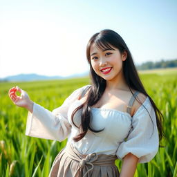 A stunning, voluptuous South Korean woman with large, round breasts, dressed in traditional farmer's clothing, playfully posing in a picturesque rice field