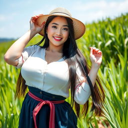 A stunning, voluptuous South Korean woman with large, round breasts, dressed in traditional farmer's clothing, playfully posing in a picturesque rice field