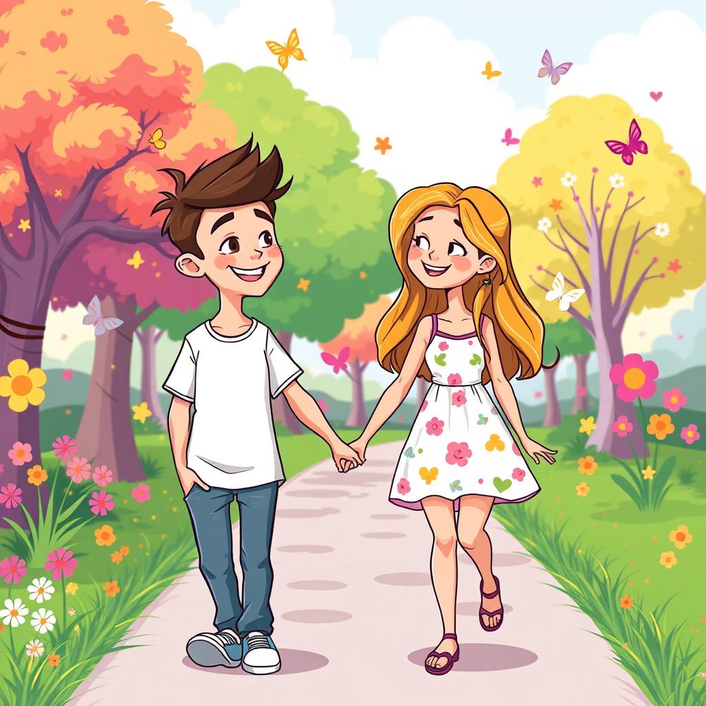 A vibrant and playful cartoon illustration of a young couple in love, featuring a cheerful boy and girl holding hands while walking through a colorful park