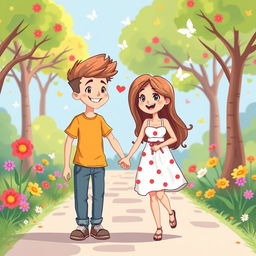 A vibrant and playful cartoon illustration of a young couple in love, featuring a cheerful boy and girl holding hands while walking through a colorful park