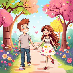 A vibrant and playful cartoon illustration of a young couple in love, featuring a cheerful boy and girl holding hands while walking through a colorful park