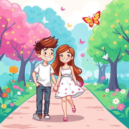 A vibrant and playful cartoon illustration of a young couple in love, featuring a cheerful boy and girl holding hands while walking through a colorful park