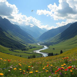 A breathtaking landscape showcasing the beauty of nature, featuring a lush green valley surrounded by majestic mountains under a clear blue sky