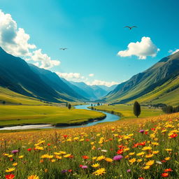 A breathtaking landscape showcasing the beauty of nature, featuring a lush green valley surrounded by majestic mountains under a clear blue sky