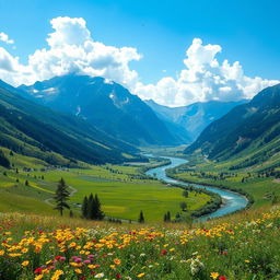 A breathtaking landscape showcasing the beauty of nature, featuring a lush green valley surrounded by majestic mountains under a clear blue sky