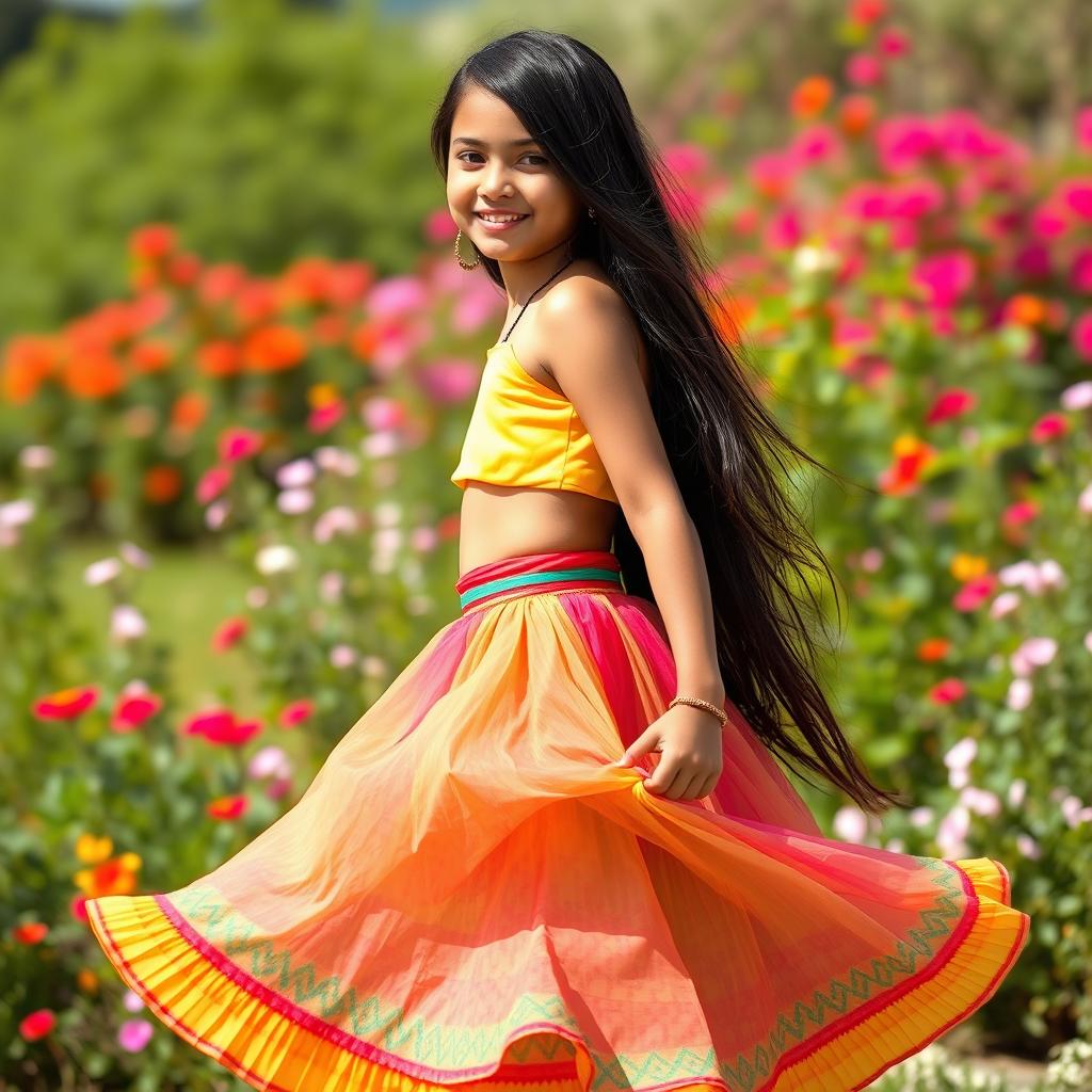 A beautiful Indian girl with long dark hair, standing gracefully in a bright and colorful skirt that dances with the breeze