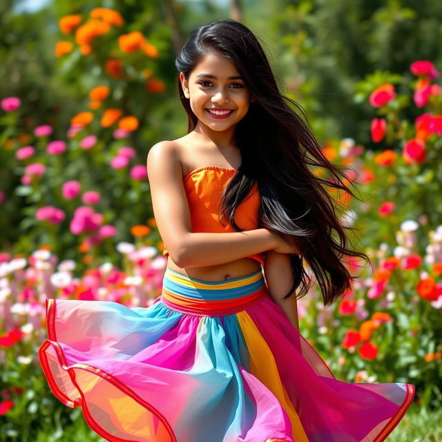 A beautiful Indian girl with long dark hair, standing gracefully in a bright and colorful skirt that dances with the breeze