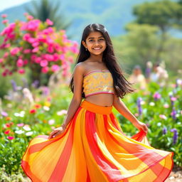 A beautiful Indian girl with long dark hair, standing gracefully in a bright and colorful skirt that dances with the breeze