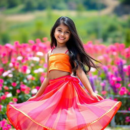 A beautiful Indian girl with long dark hair, standing gracefully in a bright and colorful skirt that dances with the breeze