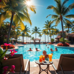 A serene scene depicting a bright, sunny day at a luxurious swimming pool surrounded by palm trees and colorful tropical flowers
