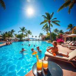 A serene scene depicting a bright, sunny day at a luxurious swimming pool surrounded by palm trees and colorful tropical flowers