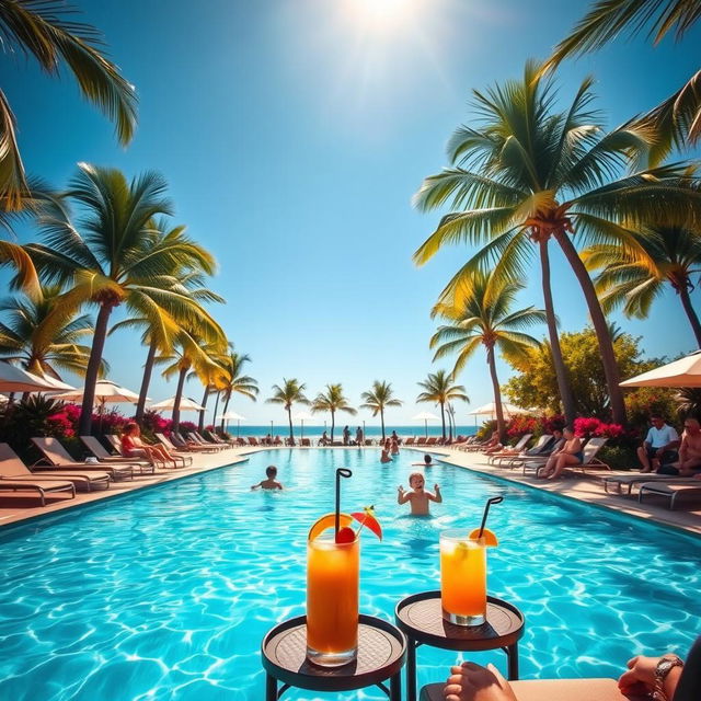 A serene scene depicting a bright, sunny day at a luxurious swimming pool surrounded by palm trees and colorful tropical flowers