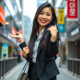 A beautiful, voluptuous South Korean woman with large, round breasts, dressed in stylish yet professional attire, playfully posing in an urban setting