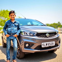 A boy standing proudly next to a grey Tata Tiago car, displaying the number plate KL07CW2528