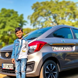 A boy standing proudly next to a grey Tata Tiago car, displaying the number plate KL07CW2528