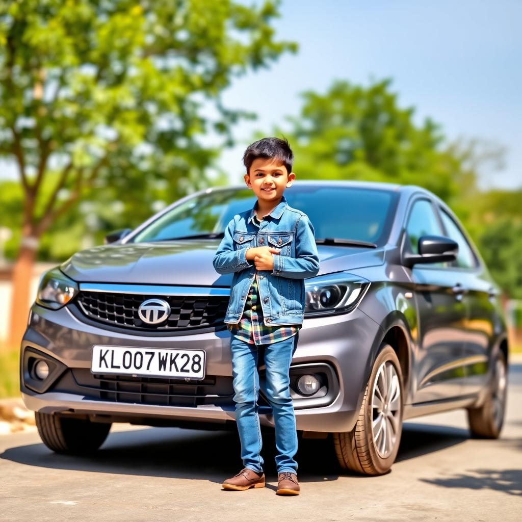 A boy standing proudly next to a grey Tata Tiago car, displaying the number plate KL07CW2528