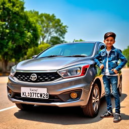 A boy standing proudly next to a grey Tata Tiago car, displaying the number plate KL07CW2528