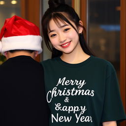 A beautiful Korean woman wearing a dark green t-shirt with the words 'Merry Christmas & Happy New Year' printed on it