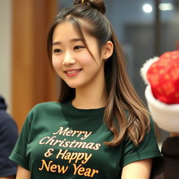 A beautiful Korean woman wearing a dark green t-shirt with the words 'Merry Christmas & Happy New Year' printed on it