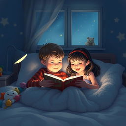 A cozy bedroom scene at night, illuminated by soft, warm light from a bedside lamp, featuring two children, a boy and a girl, reading a book together under a fluffy blanket