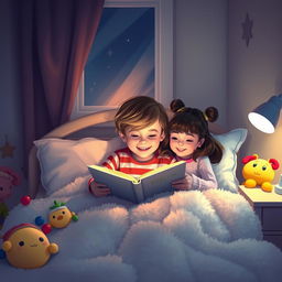 A cozy bedroom scene at night, illuminated by soft, warm light from a bedside lamp, featuring two children, a boy and a girl, reading a book together under a fluffy blanket