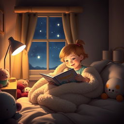 A cozy bedroom scene at night, illuminated by soft, warm light from a bedside lamp, featuring two children, a boy and a girl, reading a book together under a fluffy blanket