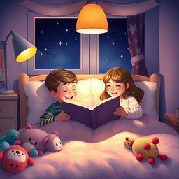 A cozy bedroom scene at night, illuminated by soft, warm light from a bedside lamp, featuring two children, a boy and a girl, reading a book together under a fluffy blanket