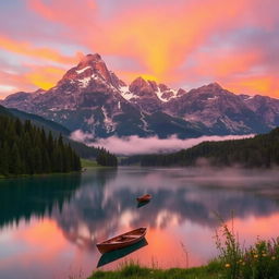 A breathtaking landscape featuring a majestic mountain range at dawn, with vibrant hues of orange and purple in the sky