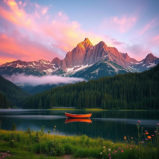 A breathtaking landscape featuring a majestic mountain range at dawn, with vibrant hues of orange and purple in the sky