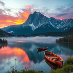 A breathtaking landscape featuring a majestic mountain range at dawn, with vibrant hues of orange and purple in the sky