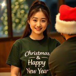 A beautiful Korean woman wearing a dark green t-shirt with the text 'Merry Christmas & Happy New Year'