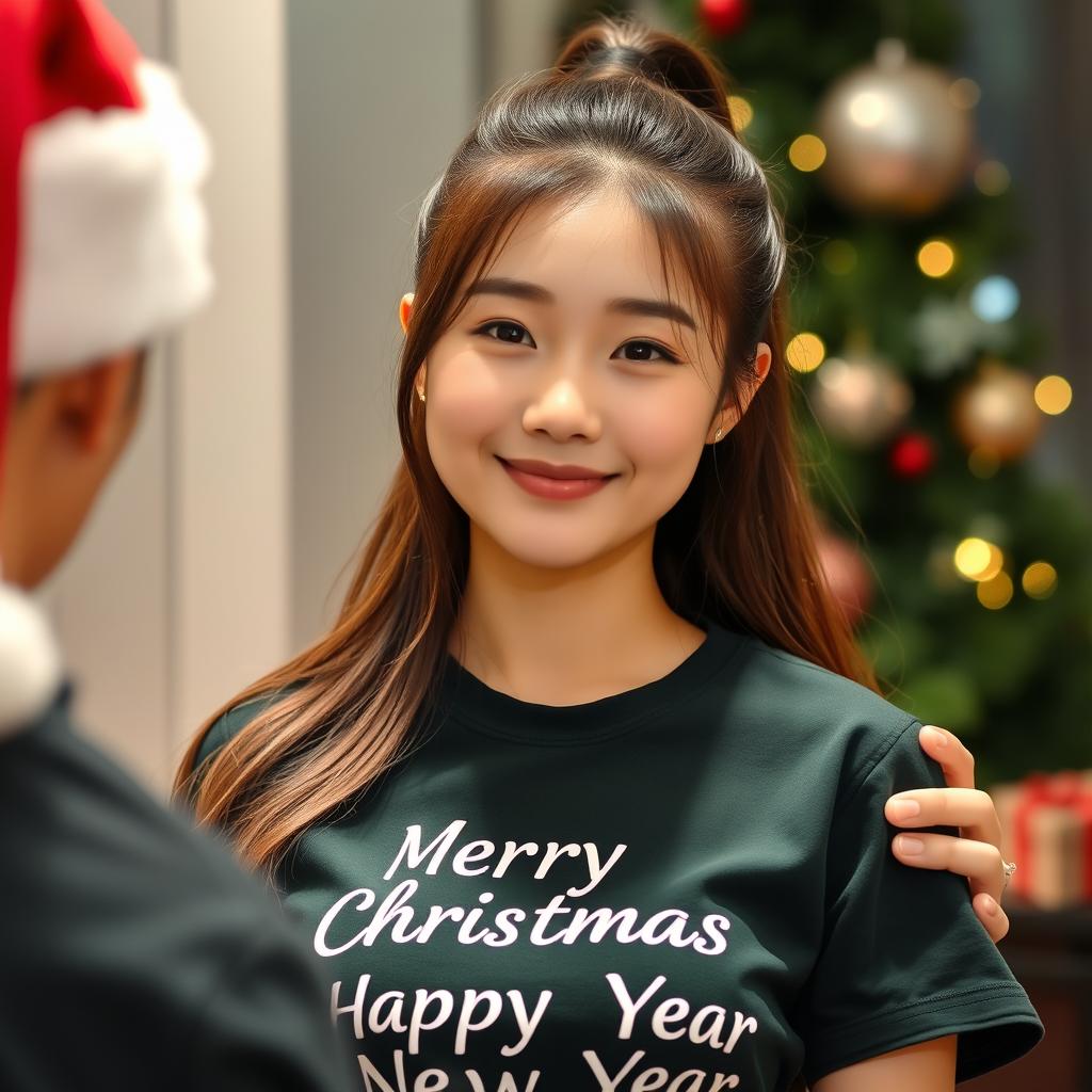 A beautiful Korean woman wearing a dark green t-shirt with the text 'Merry Christmas & Happy New Year'