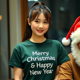 A beautiful Korean woman wearing a dark green t-shirt with the text 'Merry Christmas & Happy New Year'