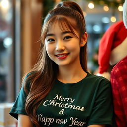 A beautiful Korean woman wearing a dark green t-shirt with the text 'Merry Christmas & Happy New Year'