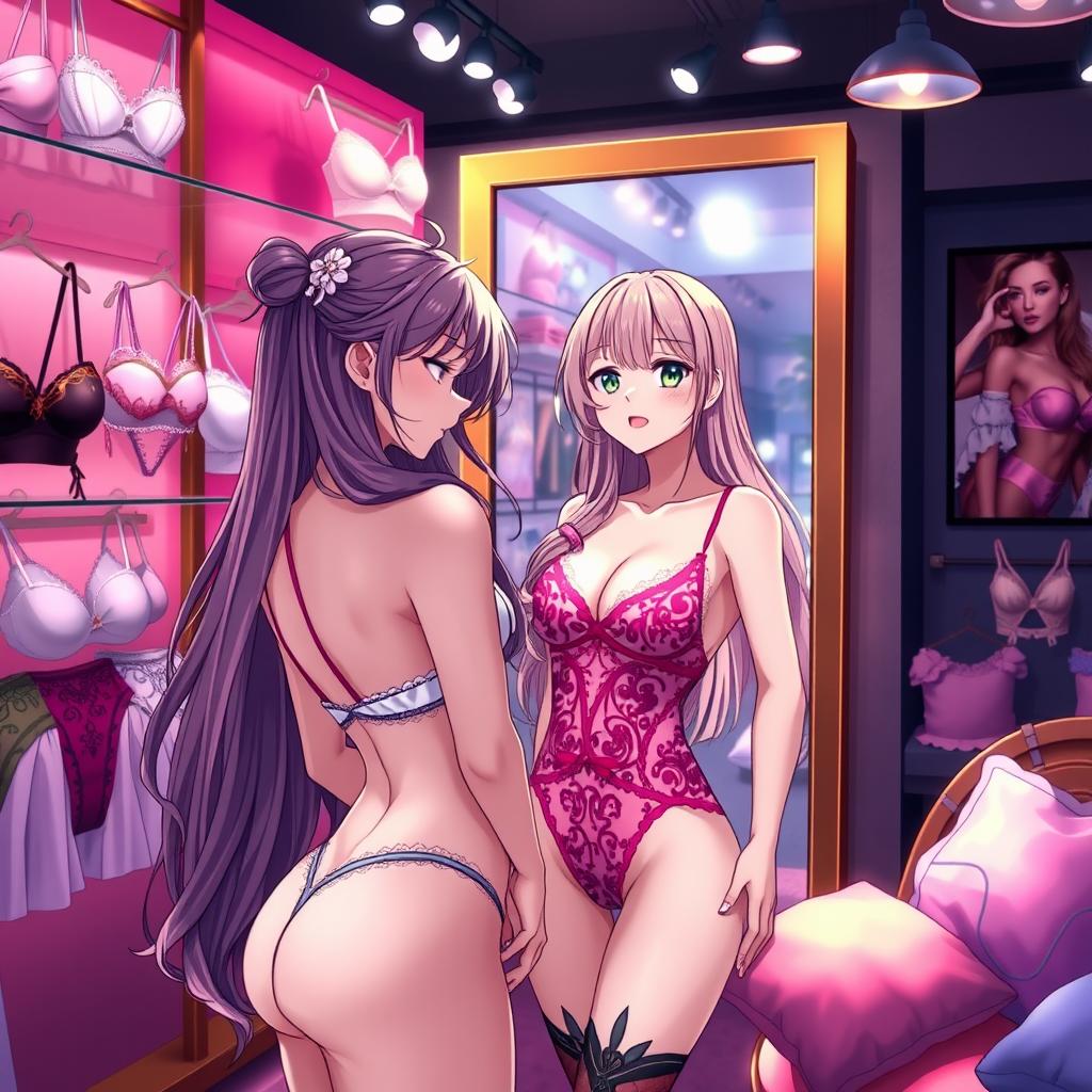 An anime style scene featuring a young woman in a sexy lingerie boutique