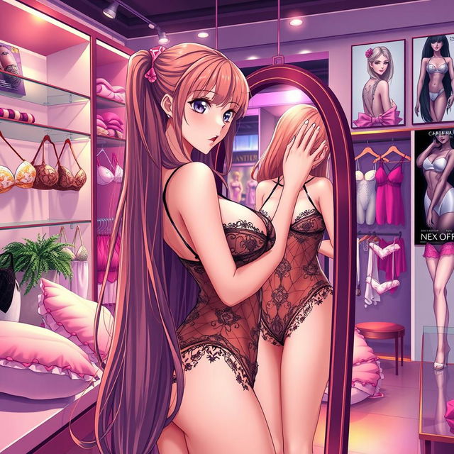 An anime style scene featuring a young woman in a sexy lingerie boutique