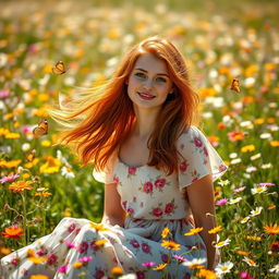 A young woman with flowing auburn hair, sitting in a sunlit field filled with wildflowers