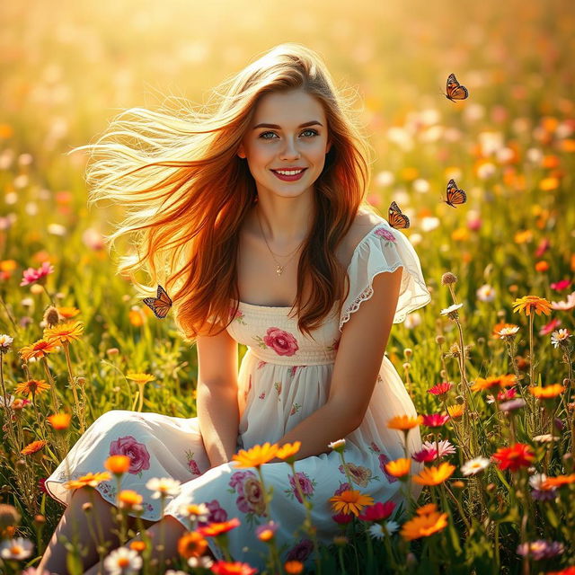 A young woman with flowing auburn hair, sitting in a sunlit field filled with wildflowers