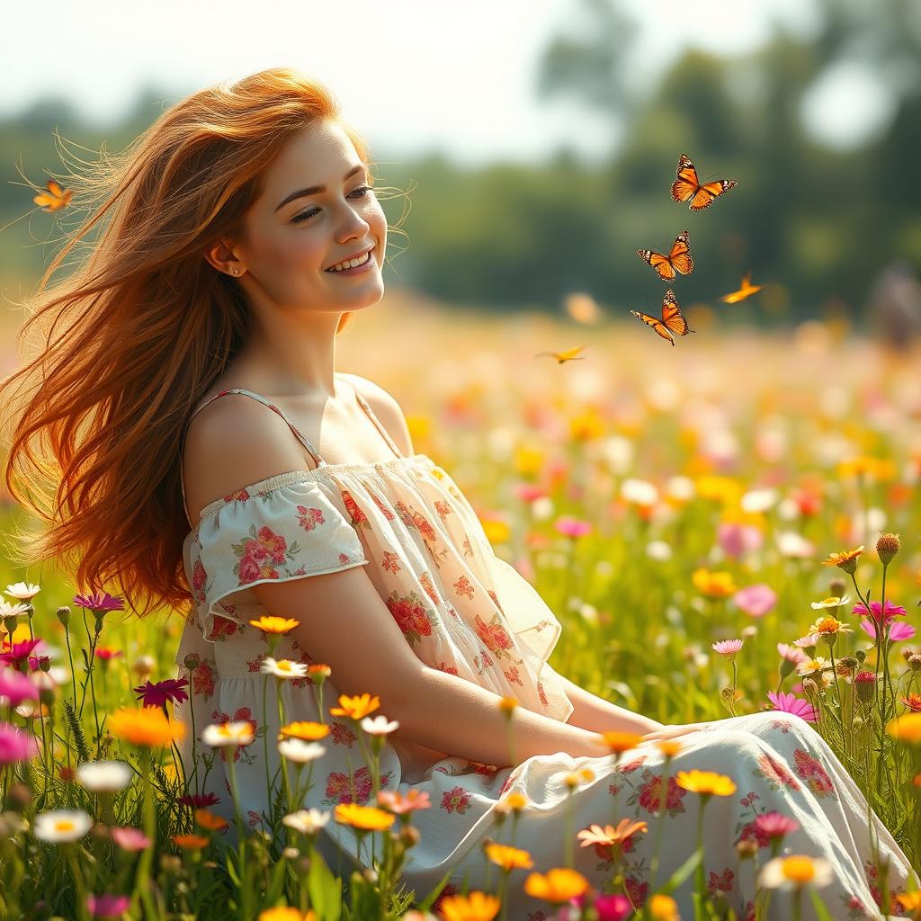 A young woman with flowing auburn hair, sitting in a sunlit field filled with wildflowers