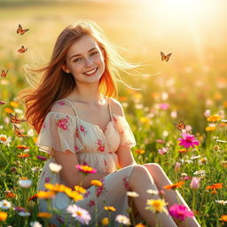 A young woman with flowing auburn hair, sitting in a sunlit field filled with wildflowers