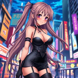 An anime character wearing sexy attire, featuring a stylish and alluring outfit that emphasizes curves and attractiveness