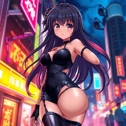 An anime character wearing sexy attire, featuring a stylish and alluring outfit that emphasizes curves and attractiveness