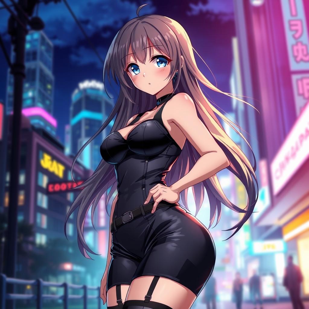 An anime character wearing sexy attire, featuring a stylish and alluring outfit that emphasizes curves and attractiveness