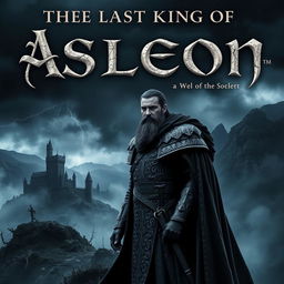 A striking book cover for 'The Last King of Asleon', depicting a dark, brooding kingdom shrouded in mist and shadows